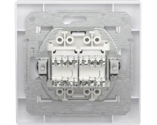 Mecanism întrerupător dublu sub tencuială cu ramă metalică și gheare de fixare pentru instalații electrice.