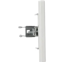 Vedere laterală a unui mecanism electric alb cu fixare cu gheare din metal pentru montaj.