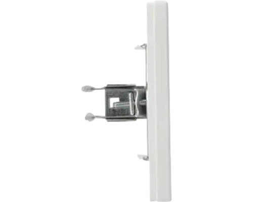 Vedere laterală a unui mecanism electric alb cu fixare cu gheare din metal pentru montaj.