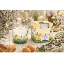 Lumânare parfumată Aura Joyful Easter cu motiv de pui și ou de Paște în pahar și ambalaj