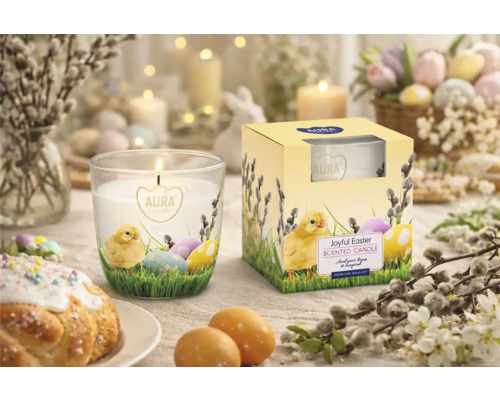 Lumânare parfumată Aura Joyful Easter cu motiv de pui și ou de Paște în pahar și ambalaj