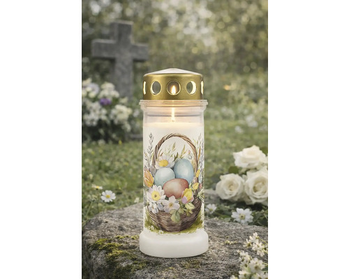 Lumânare de mormânt cu motiv de Paște pe o piatră funerară