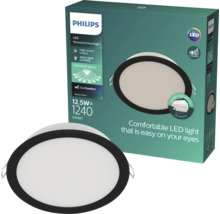 Spot LED încastrat Philips Meson cu 12,5 Wați și 1240 Lumeni, formă rotundă cu ramă neagră și ambalaj.