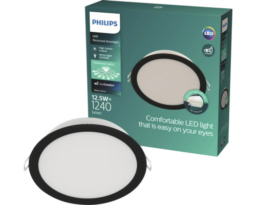 Spot LED încastrat Philips Meson cu 12,5 Wați și 1240 Lumeni, formă rotundă cu ramă neagră și ambalaj.