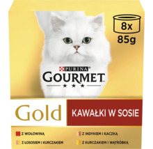 Hrană pentru pisici Purina Gourmet Gold, 8 plicuri a câte 85 de grame, cu carne de vită, curcan, rață, somon, pui sau ficat de pasăre