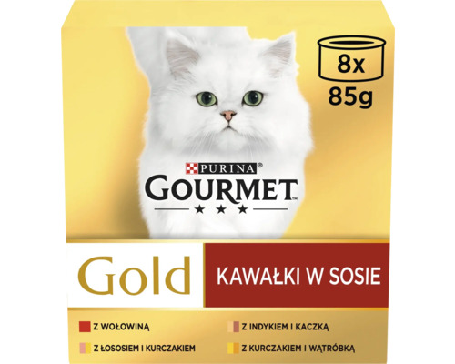 Hrană pentru pisici Purina Gourmet Gold, 8 plicuri a câte 85 de grame, cu carne de vită, curcan, rață, somon, pui sau ficat de pasăre