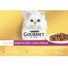 Hrană pentru pisici Purina Gourmet Gold cu rață și curcan, vită și pui, pește oceanic cu spanac, iepure și ficat la pachet de 12