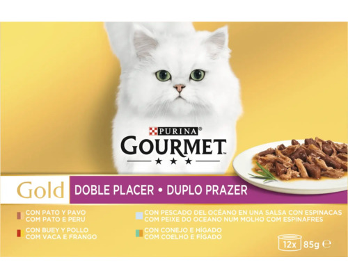 Hrană pentru pisici Purina Gourmet Gold cu rață și curcan, vită și pui, pește oceanic cu spanac, iepure și ficat la pachet de 12