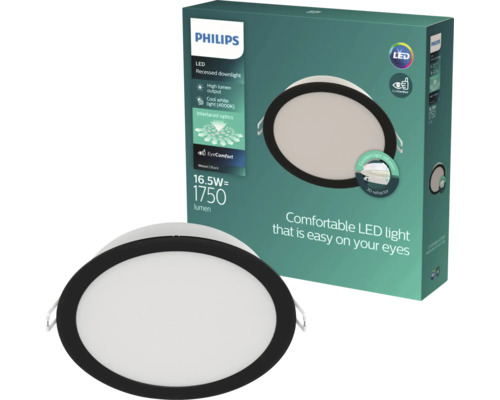 Spot LED încastrat Philips Meson, 16,5 wați, 1750 lumeni, lumină albă rece, design rotund cu margine neagră.