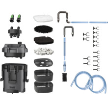 Set filtru extern pentru acvariu Tetra format din carcasă, materiale filtrante, țevi, furtunuri și materiale de fixare.