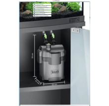 Filtru extern Tetra în dulap sub acvariu, dimensiuni 35 centimetri înălțime, 22 centimetri lățime și 22 centimetri adâncime. Filtrare excelentă.