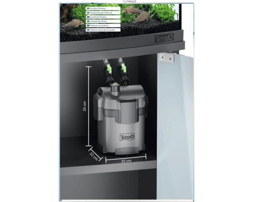 Filtru extern Tetra în dulap sub acvariu, dimensiuni 35 centimetri înălțime, 22 centimetri lățime și 22 centimetri adâncime. Filtrare excelentă.