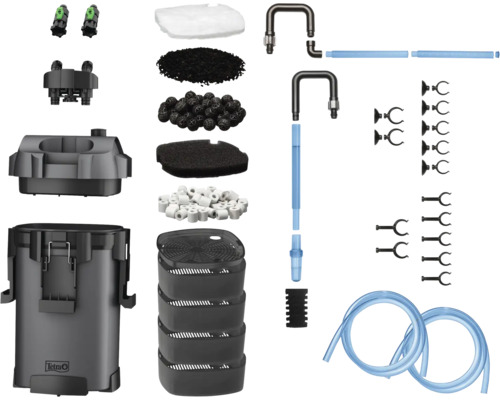 Set filtru extern Tetra pentru acvariu cu carcasă cu Tetra Logo, coșuri, materiale filtrante, furtunuri, tuburi și materiale de fixare.