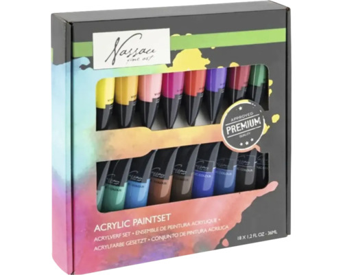 Set de vopsea acrilică Nassau Fine Art cu 18 tuburi de 36 mililitri într-o cutie neagră cu fereastră.