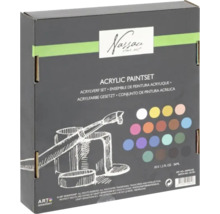 Set culori acrilice Nassau Fine Art cu 18 culori de 36 mililitri fiecare, Nassau Fine Art Logo și Art Sensations Logo.