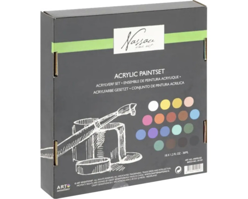 Set culori acrilice Nassau Fine Art cu 18 culori de 36 mililitri fiecare, Nassau Fine Art Logo și Art Sensations Logo.