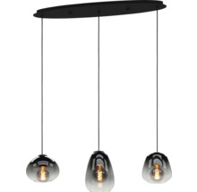 Lumină suspendată cu trei abajururi din sticlă gri și becuri vizibile