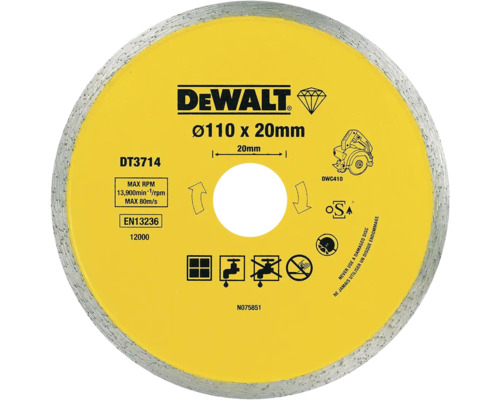 DEWALT Logo, disc diamantat DT3714, diametru 110 milimetri, alezaj 20 milimetri, pentru tăierea umedă și uscată a plăcilor ceramice.