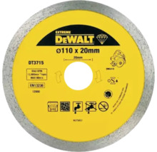 Disc diamantat DeWALT EXTREME DT3715, diametru 110 milimetri, alezaj 20 milimetri, adecvat pentru tăiere umedă și uscată.
