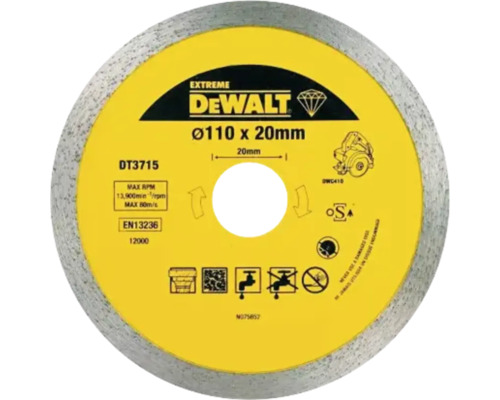 Disc diamantat DeWALT EXTREME DT3715, diametru 110 milimetri, alezaj 20 milimetri, adecvat pentru tăiere umedă și uscată.