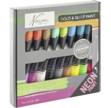 Set de vopsele acrilice Nassau Fine Art cu 18 tuburi de 12 mililitri fiecare, inclusiv culori neon și metalice.
