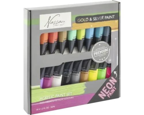 Set de vopsele acrilice Nassau Fine Art cu 18 tuburi de 12 mililitri fiecare, inclusiv culori neon și metalice.