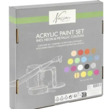 Set culori acrilice Nassau Fine Art cu 18 tuburi de 12 mililitri inclusiv culori neon și metalice.