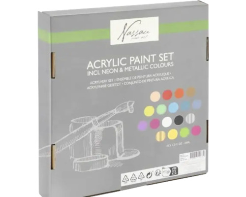 Set culori acrilice Nassau Fine Art cu 18 tuburi de 12 mililitri inclusiv culori neon și metalice.