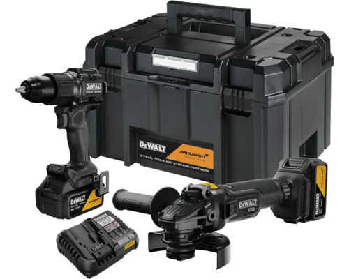 Set DeWalt McLaren Special Edition cu masina de gaurit si insurubat cu acumulator, polizor unghiular, incarcator si cutie TSTAK.