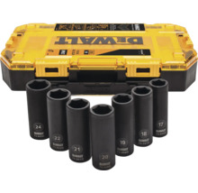 Set de șapte capete de chei tubulare cu impact DeWalt, negre, cu dimensiuni între 17 și 24 milimetri și cutie de transport.
