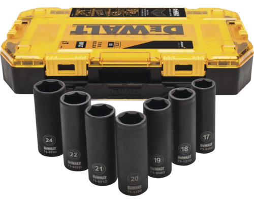 Set de șapte capete de chei tubulare cu impact DeWalt, negre, cu dimensiuni între 17 și 24 milimetri și cutie de transport.
