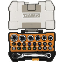Set de biți și chei tubulare DeWALT în cutie de plastic cu cheie cu clichet, biți și tubulare.