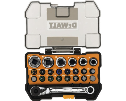 Set de biți și chei tubulare DeWALT în cutie de plastic cu cheie cu clichet, biți și tubulare.