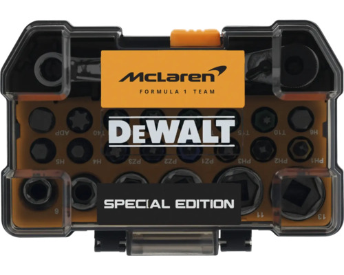 Set de biți DeWALT McLaren Special Edition în cutie cu biți, chei tubulare și clichet. McLaren Formula 1 Team Logo și DeWALT Logo.