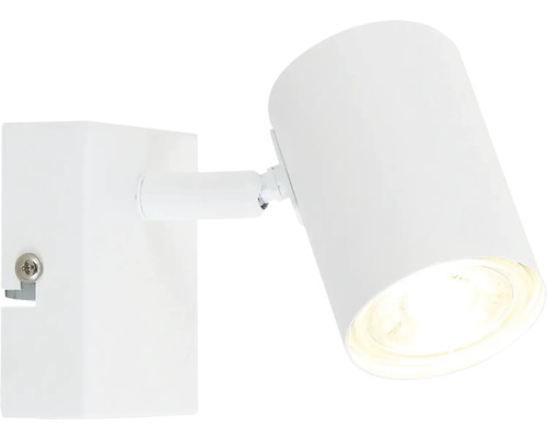 Spot LED de perete alb reglabil cu cap cilindric și suport de perete dreptunghiular.