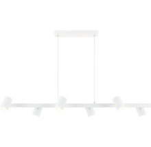 Pendul alb cu șase spoturi cilindrice reglabile pe o șină orizontală.