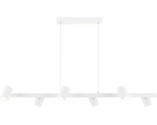 Pendul alb cu șase spoturi cilindrice reglabile pe o șină orizontală.