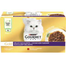 Gourmet Gold hrană pentru pisici, pachet multiplu cu pui și vită, 4 plicuri a 85 de grame. Ambalaj reciclabil. Logo Purina Gourmet.