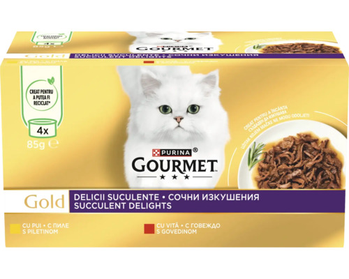Gourmet Gold hrană pentru pisici, pachet multiplu cu pui și vită, 4 plicuri a 85 de grame. Ambalaj reciclabil. Logo Purina Gourmet.