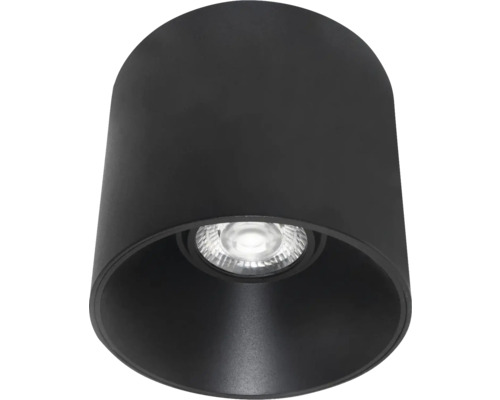 Spot de tavan cilindric negru cu bec LED integrat.