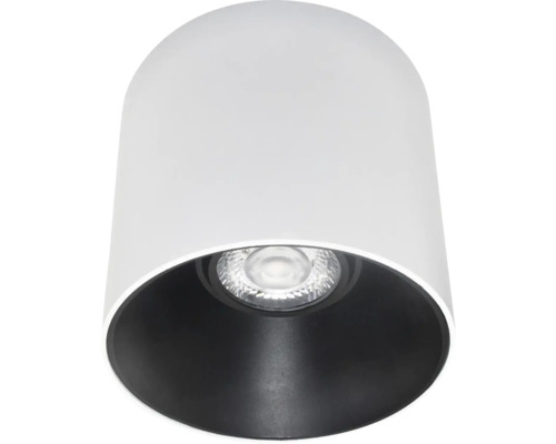 Spot de tavan cilindric alb aplicat cu interior negru și sursă de lumină LED încastrată.