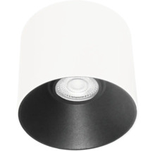 Spot LED încastrat modern cu inel interior negru și carcasă albă pentru montare pe tavan.