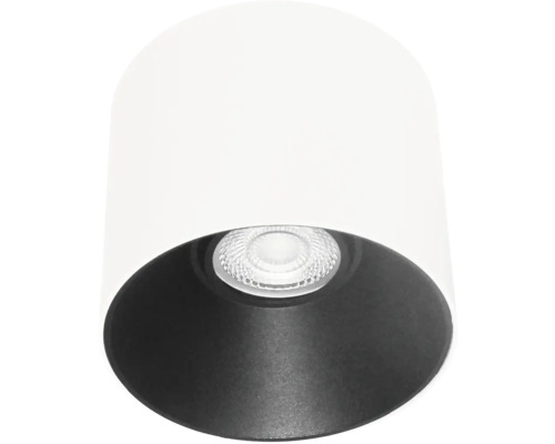 Spot LED încastrat modern cu inel interior negru și carcasă albă pentru montare pe tavan.