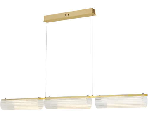 Lustră suspendată cu trei brațe, suport metalic auriu și trei abajururi alungite din sticlă striată pe o bară orizontală.