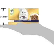 Hrană pentru pisici Purina Gourmet Gold cu somon, pachet de 4 ori 85 de grame într-o mână