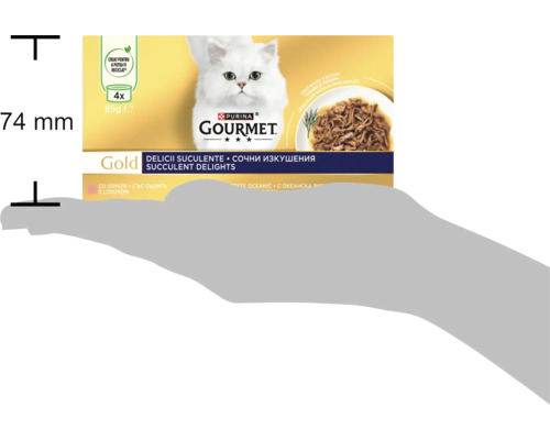 Hrană pentru pisici Purina Gourmet Gold cu somon, pachet de 4 ori 85 de grame într-o mână