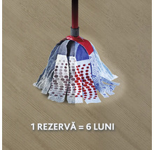 Mop pe o podea de lemn cu nota: 1 rezervă = 6 luni