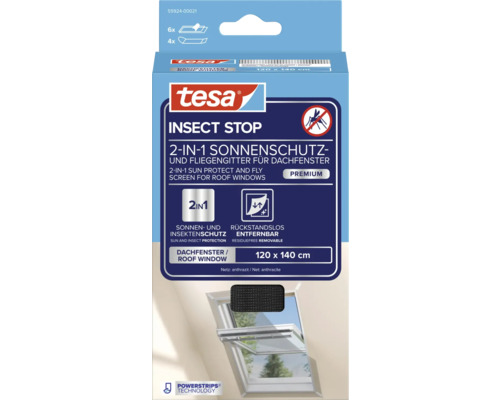 Tesa Protecție împotriva insectelor 2 în 1 protecție solară și plasă de țânțari pentru ferestre de mansardă, 120 x 140 cm