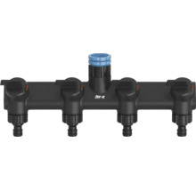 Distribuitor de apă cu 4 căi for_q din plastic negru cu patru ieșiri reglabile individual pentru irigarea grădinii.