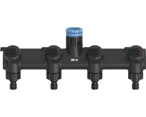 Distribuitor de apă cu 4 căi for_q din plastic negru cu patru ieșiri reglabile individual pentru irigarea grădinii.